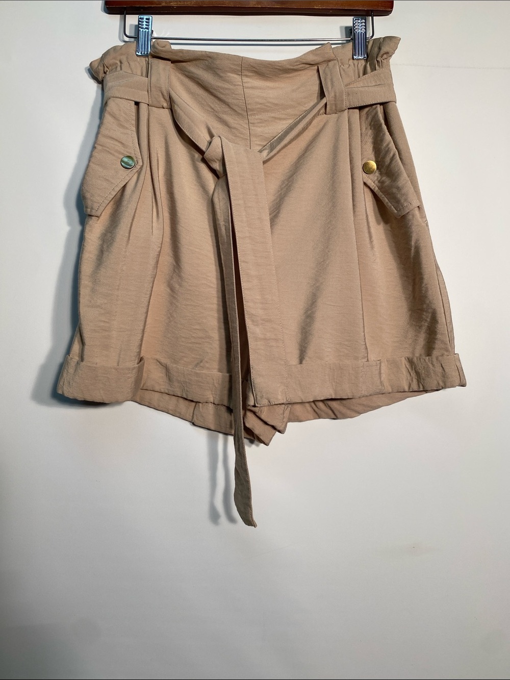 High-Waist Paperbag Shorts with Tie Belt — Beige